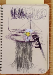 2023 - Na jedno o berlích, frotáž a kresba perem a pastelkou, 20 x 15 cm